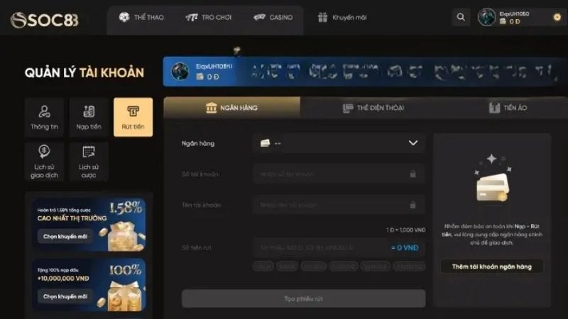 Rút tiền Soc88 với các phương thức khác nhau